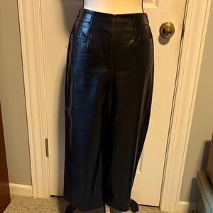 Black Vegan Leather Wide-Leg Cropped Pants